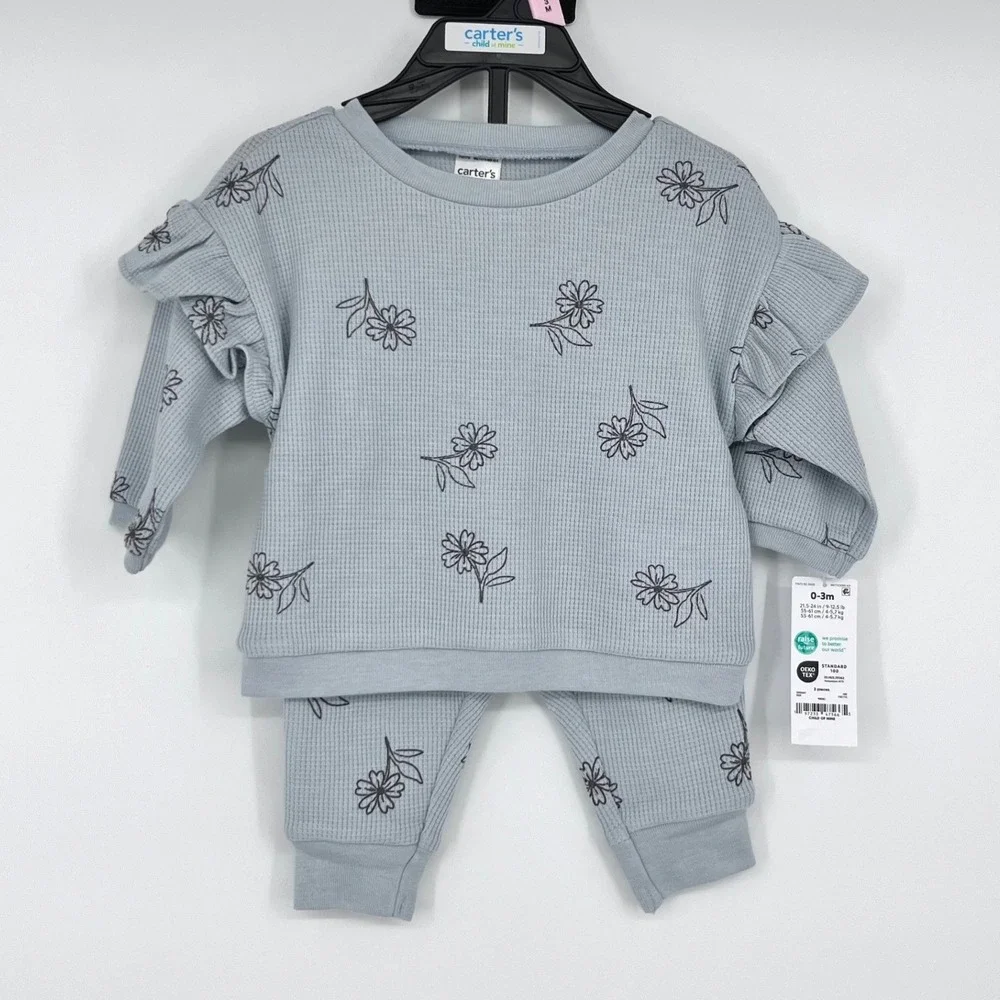 Carter's Child of Mine‎ 2pc Set Baby Girl 0-3M Blue Waffle Knit Floral Ruffle